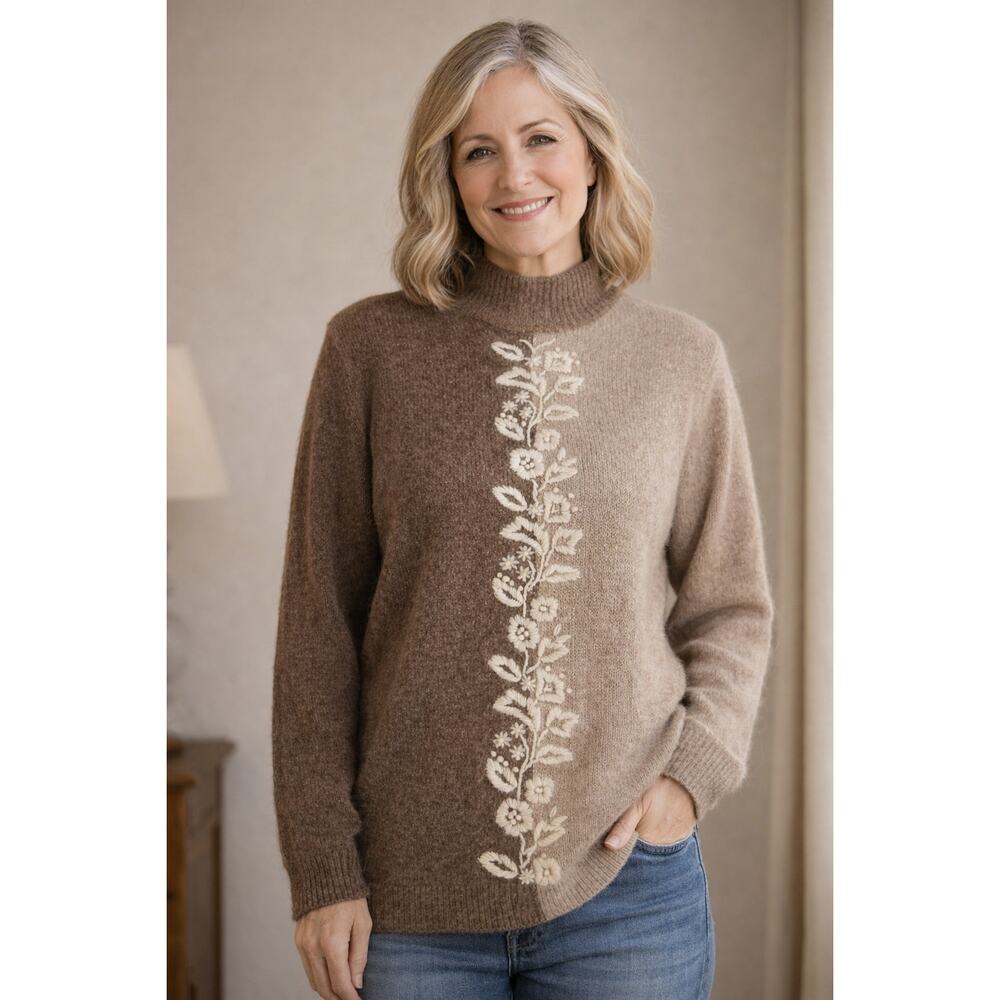 Segue Vintage Silk Angora Mock Neck Sweater Womens Small Beige Brown Lambswool